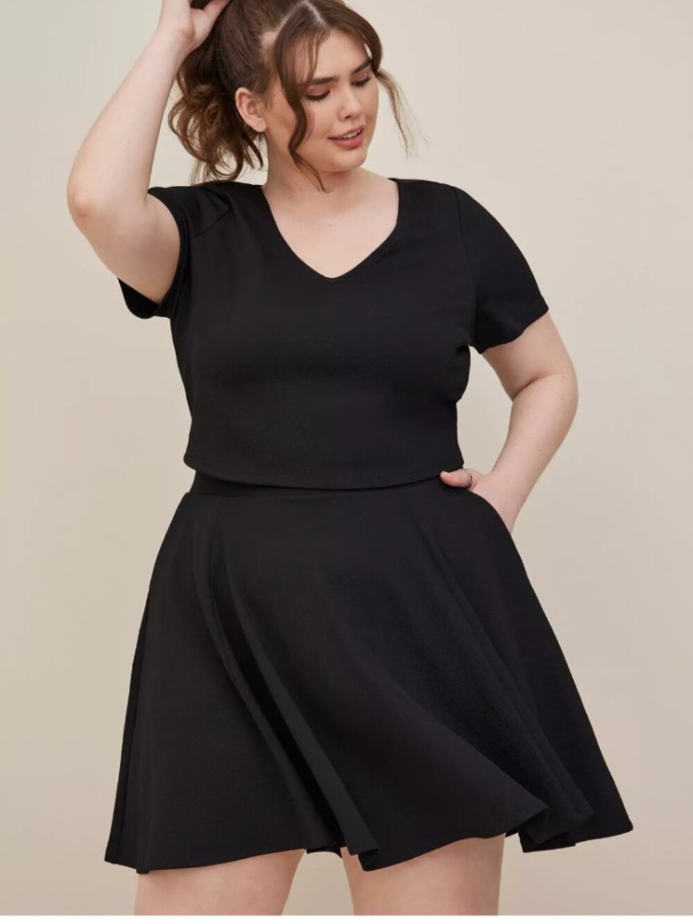 torrid Black V-Neck Crop Top & Flared Skirt Set